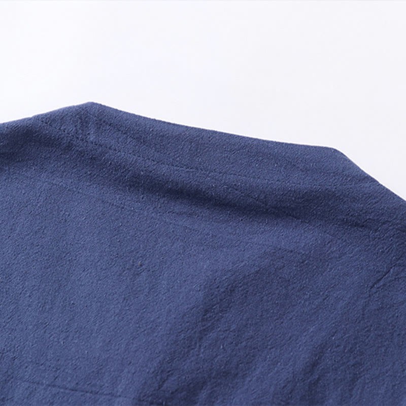 Casual Plain Color One Button Three Quarter Sleeve Cotton Linen Men's Shirt