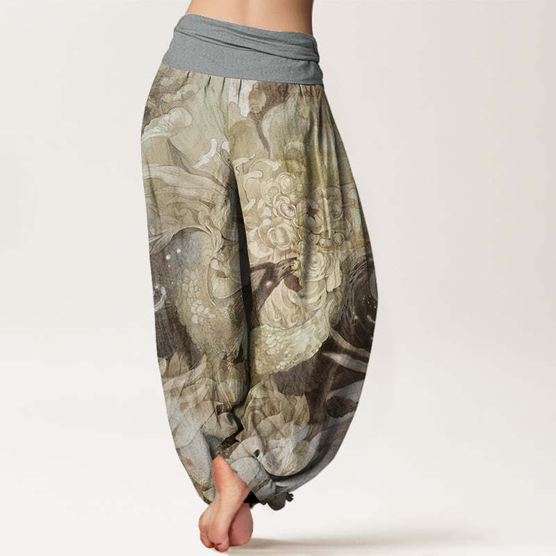 Phoenix Lotus Pattern Women's Elastic Waist Harem Pants