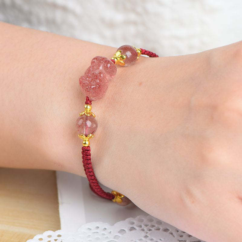 Natural Strawberry Crystal Pixiu Charm Lucky Red String Bracelet