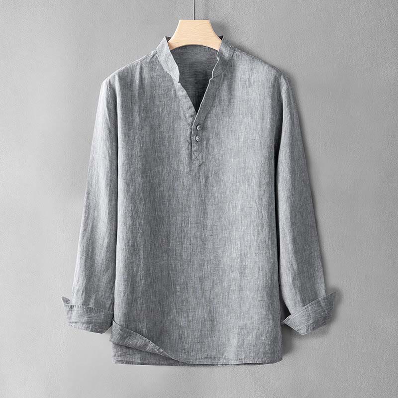 Knot Button Pure Color Cotton Linen Pullover Shirt