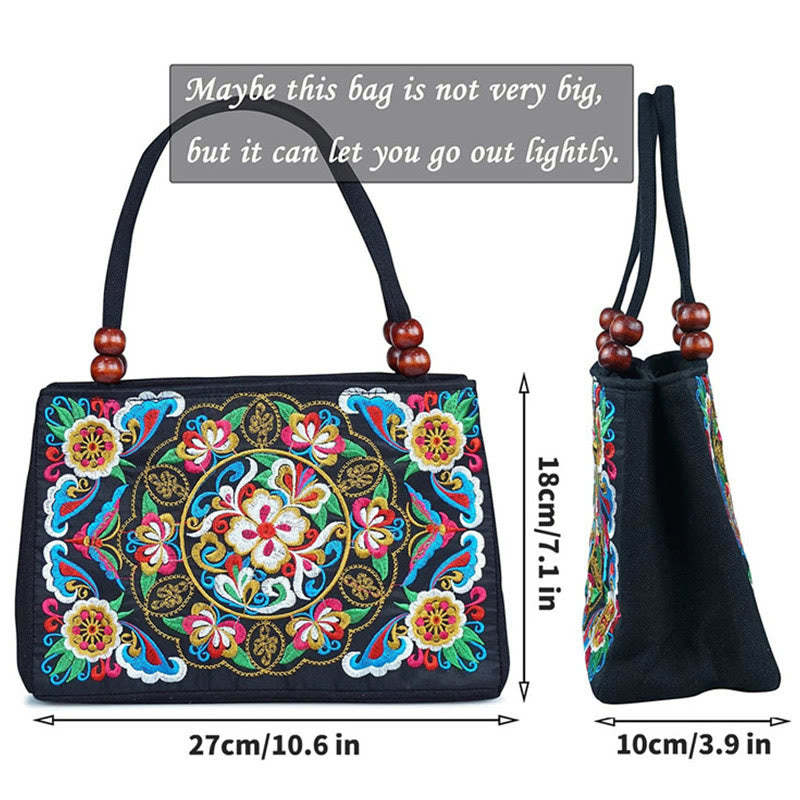 Galsang Inula Flower Peony Peacock Double-Sided Embroidery Canvas Shopping Purse Handbag