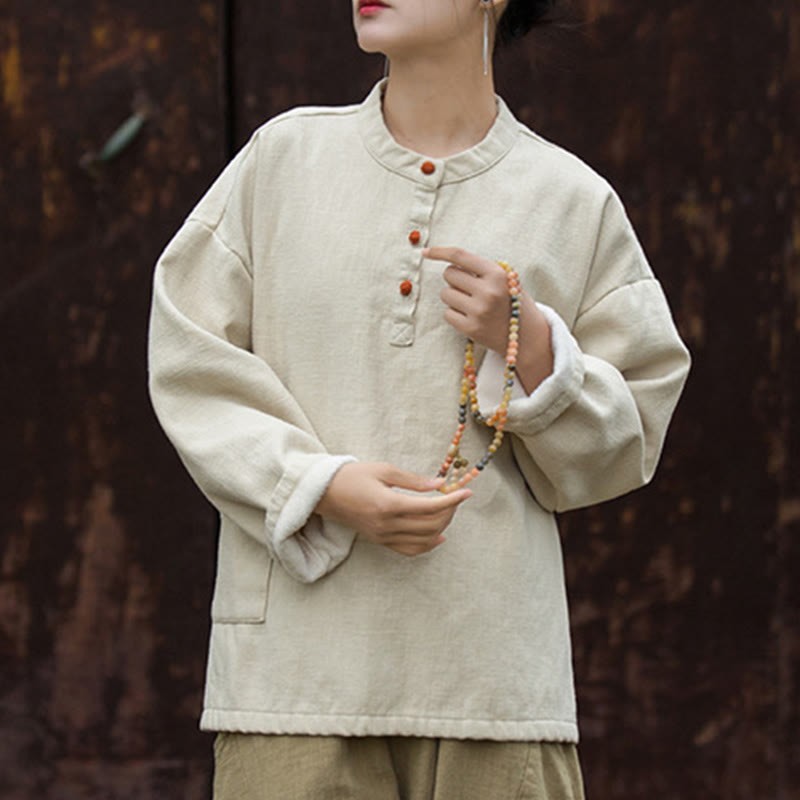 Retro Solid Color Thermal Long Sleeve Ramie Linen Women's Shirt