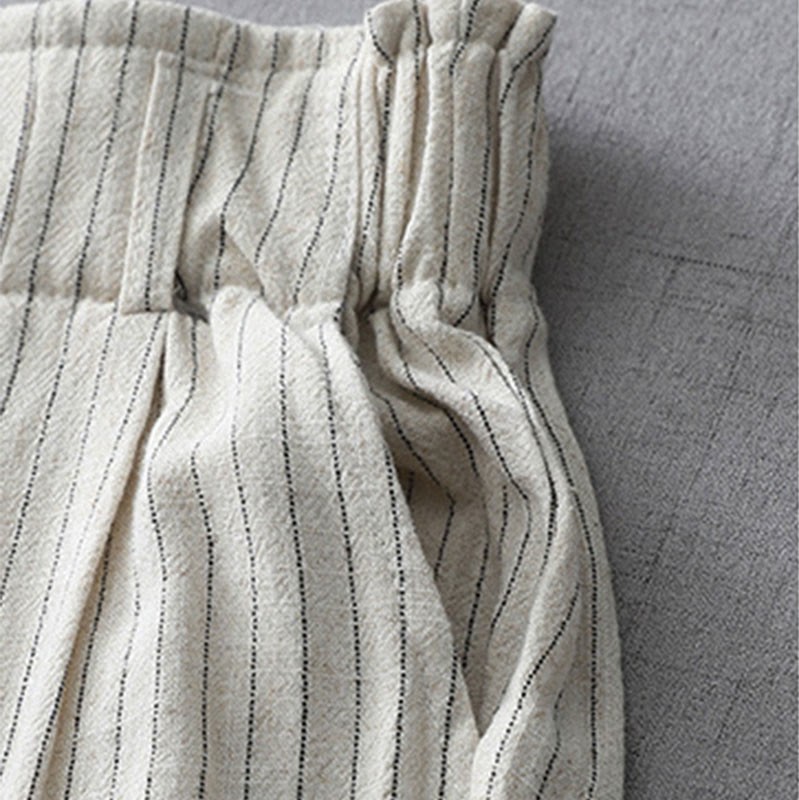 Vertical Striped Cotton Linen High Waist Wide Leg Pants With Pockets