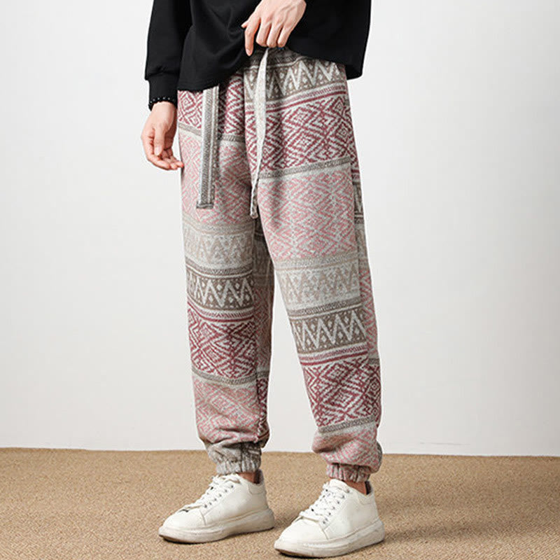 Ethnic Jacquard Knitting Drawstring Men's Pants With Pockets