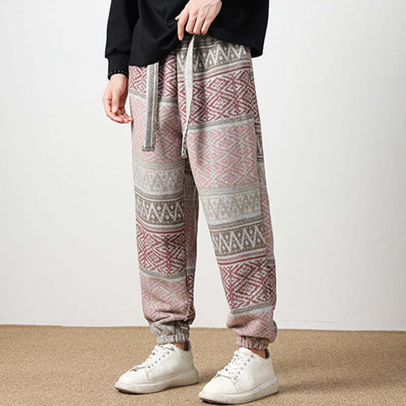 Ethnic Jacquard Knitting Drawstring Men's Pants With Pockets