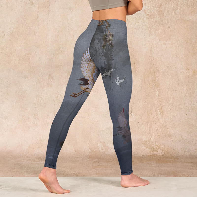 Auspicious White Crane Pine Tree Print Gym Leggings Women's Yoga Pants