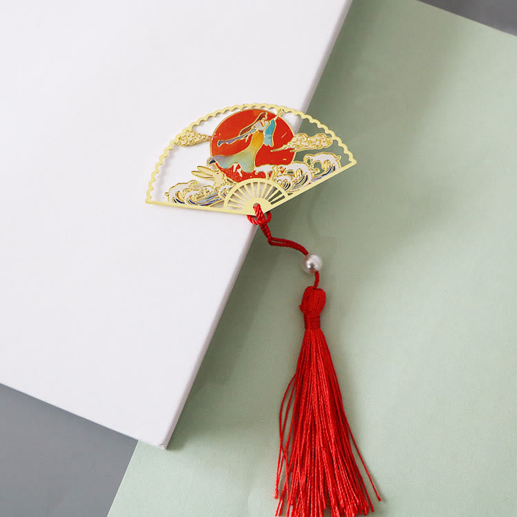 Traditional Butterfly Lotus Flower Crane Dragon Phoenix Fox Koi Fish New Beginning Metal Brass Hollow Fan Bookmarks