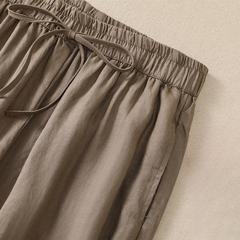 Pure Color Drawstring Frog-Button Cotton Linen Women's Harem Pants With Pockets