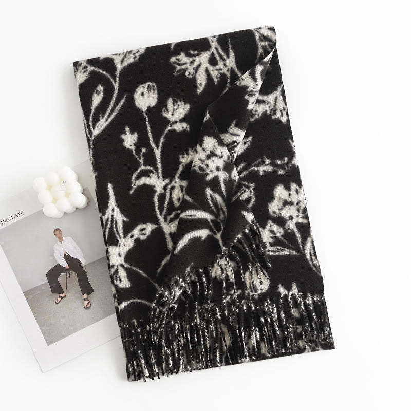 Tibetan Shawl Blooming Flower Branches Print Tassels Fall Winter Cozy Warm Scarf Wrap