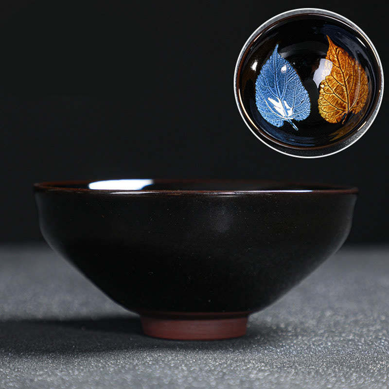 Gold Maple Leaf Chinese Jianzhan Ceramic Teacup Tenmoku Kung Fu Tea Cup Bowl