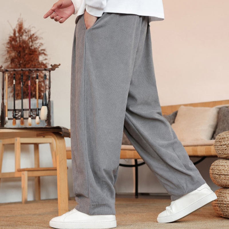 Fall Winter Men's Drawstring Corduroy Solid Pants With Pockets