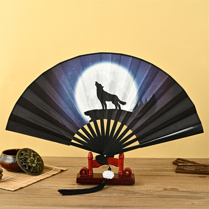 Dragon Phoenix Tiger Crane Eagle Wolf Koi Fish Handheld Folding Fan Lotus Tassel Fan