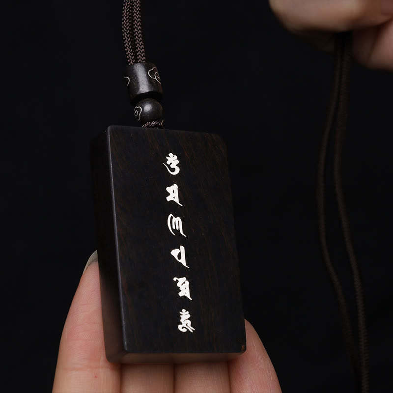 999 Sterling Silver Small Leaf Red Sandalwood Ebony Wood Om Mani Padme Hum Inlaid Protection Necklace Pendant