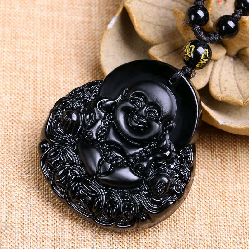 Laughing mystic zen Black Obsidian Strength Protection Pendant Necklace