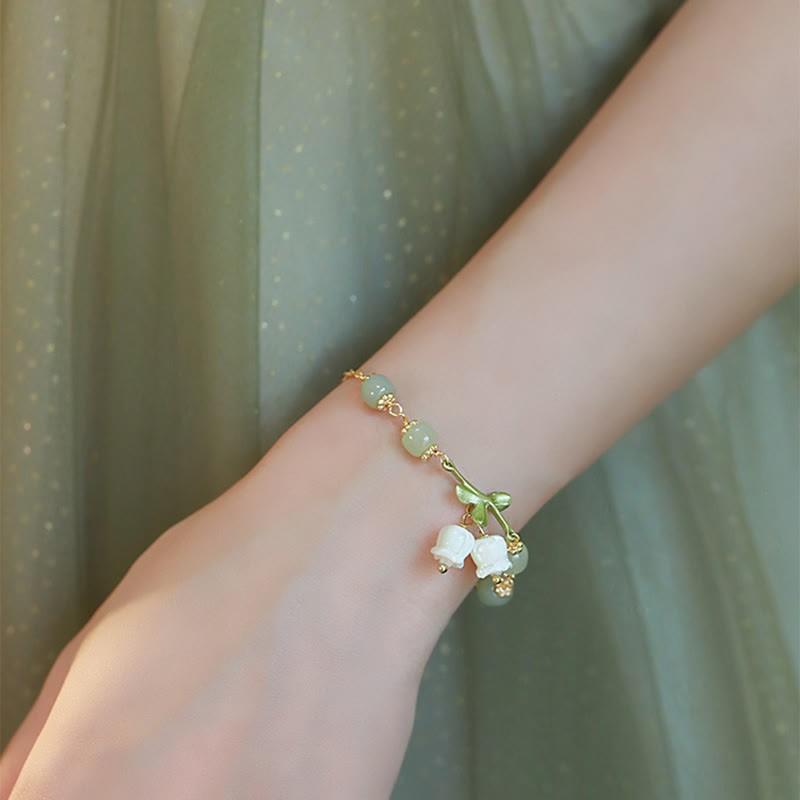 Green Jade Bead Lily of the Valley Prosperity Chain Bracelet