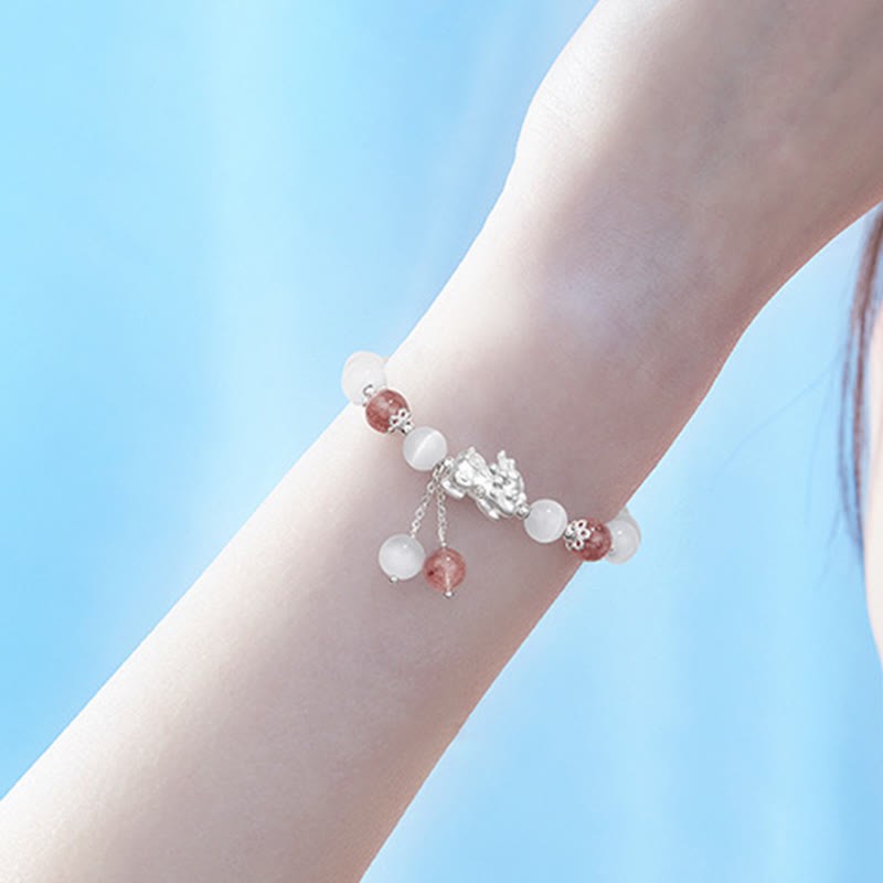 Natural Cat's Eye Moonstone Strawberry Quartz PiXiu Support Bracelet