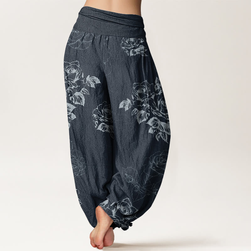 Casual Rose Peony Flowers Women's Elastic Waist Harem Pants