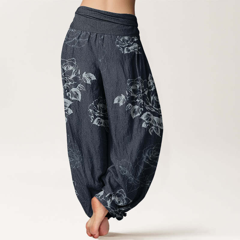 Casual Rose Peony Flowers Women's Elastic Waist Harem Pants