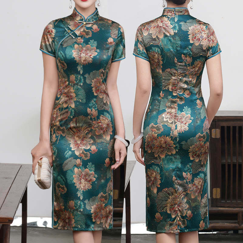 Retro Flower Lotus Peony Feather Print Qipao Dress Women's Cheongsam Dress