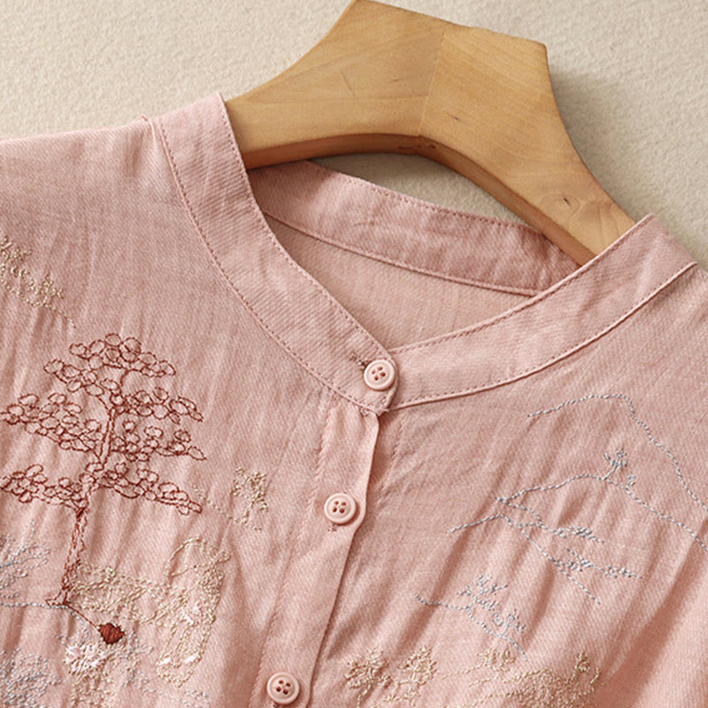 Casual Embroidered Plant Stand Collar Design Three Quarter Sleeve Women's Cotton Linen Shirt
