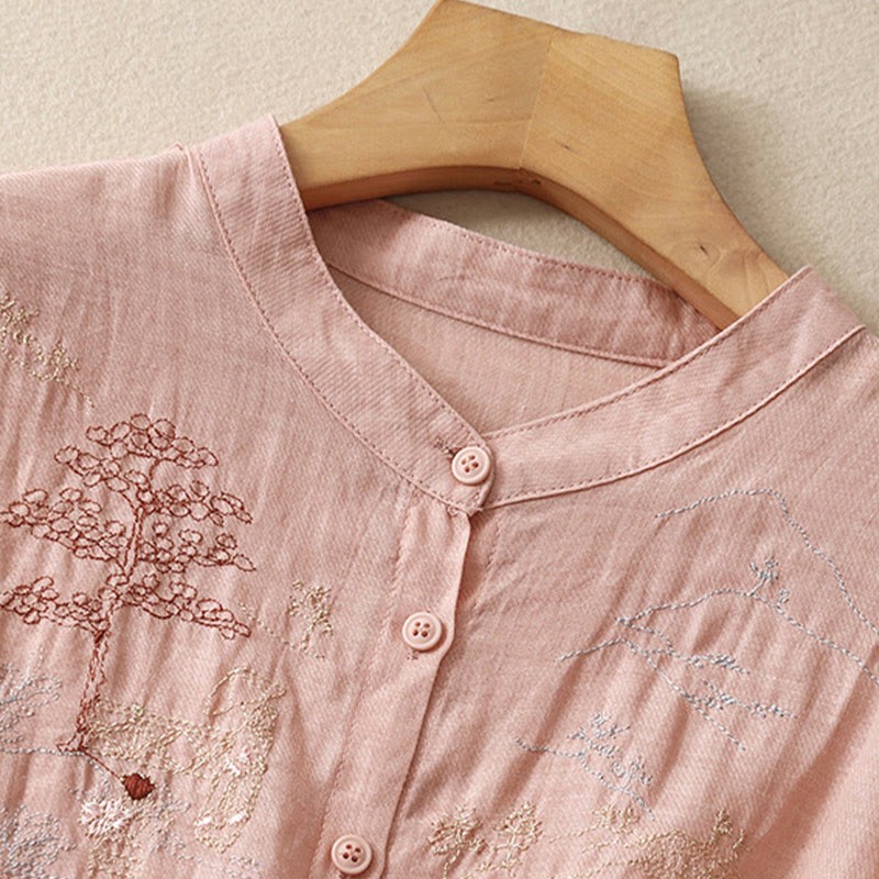 Casual Embroidered Plant Stand Collar Design Three Quarter Sleeve Women's Cotton Linen Shirt
