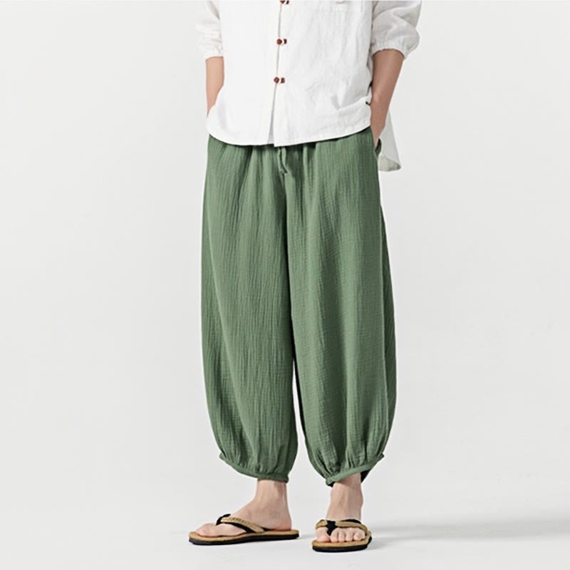 Soft Solid Color Drawstring Cotton Men's Pants With Pockets