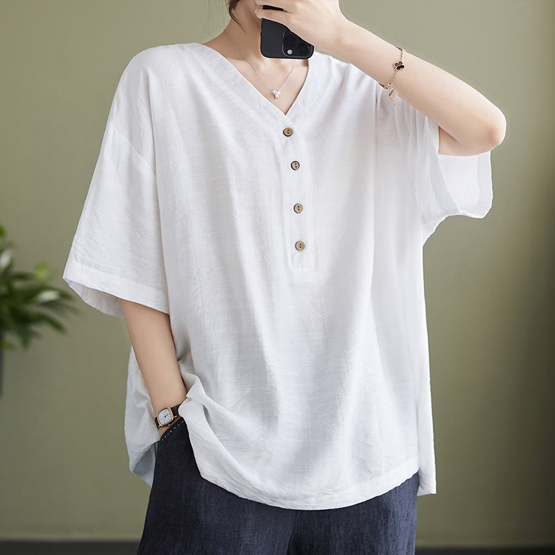 Casual Plain Women's V-Neck Design Half Sleeve Viscose Shirt