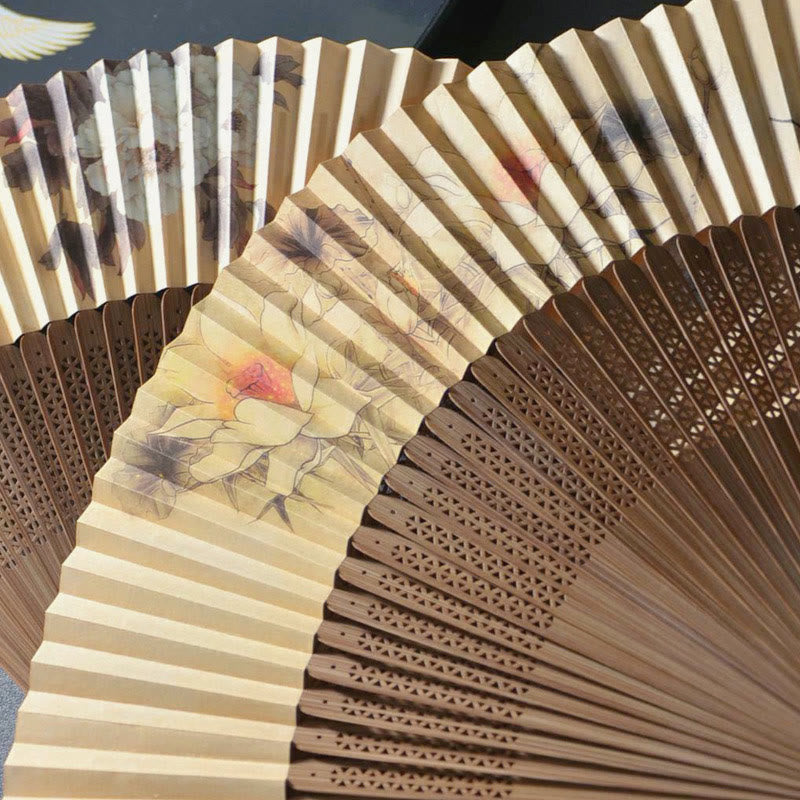 Lotus Dragonfly Peony Butterfly Handheld Paper Bamboo Folding Fan 22.5cm