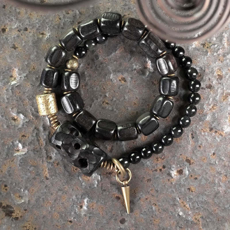 Ebony Wood Black Obsidian Copper Brass Peace Double Wrap Bracelet