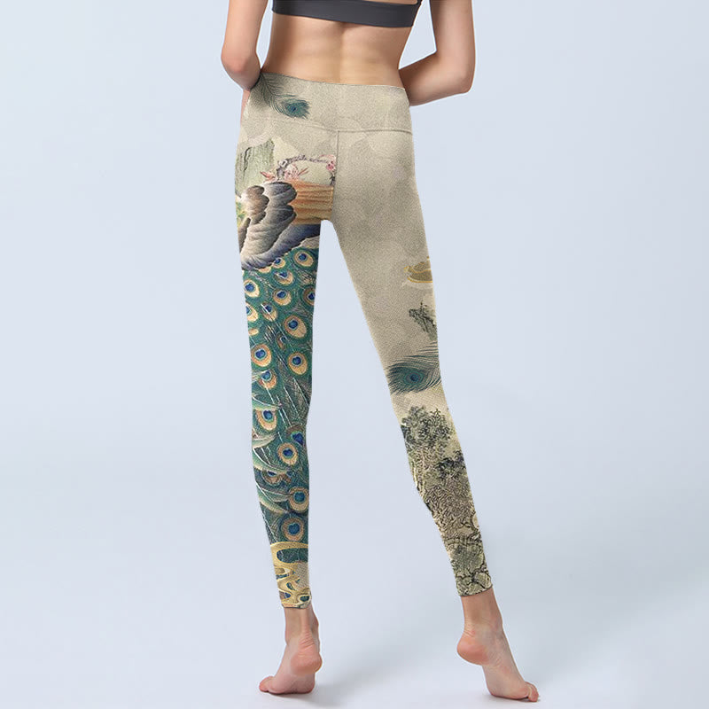 Peacock Auspicious Clouds Mountain Flowers Print Gym Leggings Women's Yoga Pants