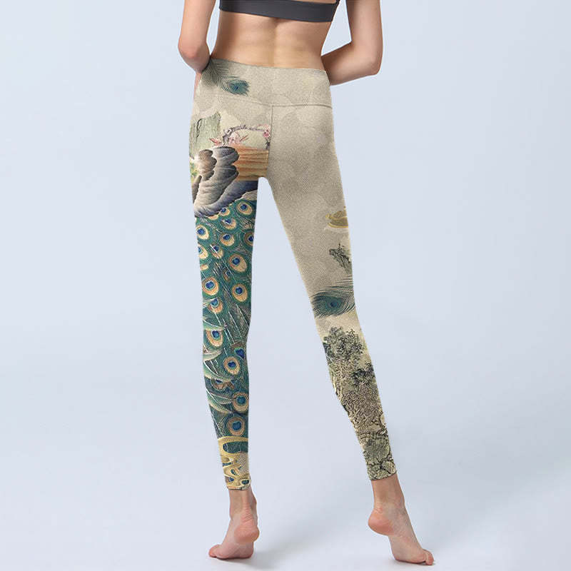 Peacock Auspicious Clouds Mountain Flowers Print Gym Leggings Women's Yoga Pants