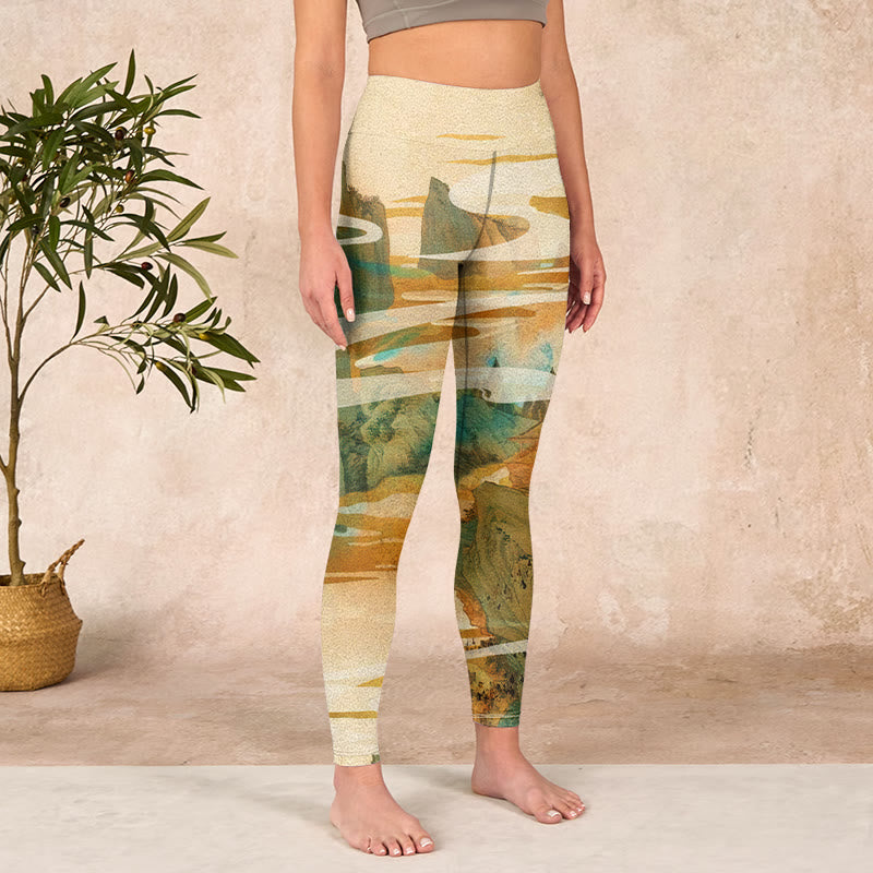 Green Mountains Clouds Mist Print Fitness Leggings Women's Yoga Pants
