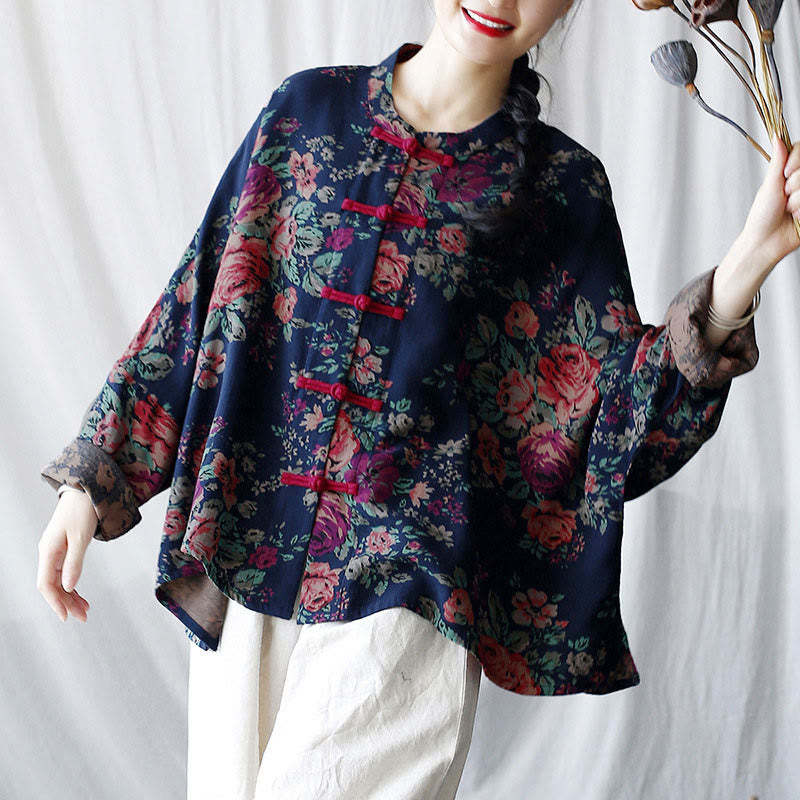 Red Flowers Green Leaves Print Frog-button Design Long Sleeve Cotton Linen Jacket Shirt