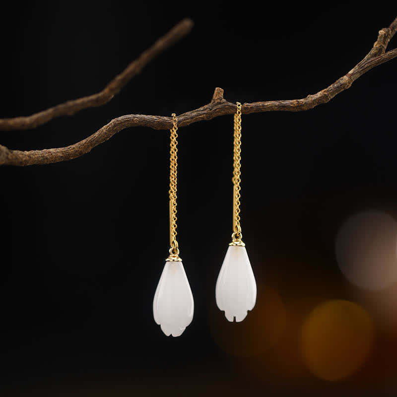 925 Sterling Silver White Jade Magnolia Flower Happiness Drop Earrings