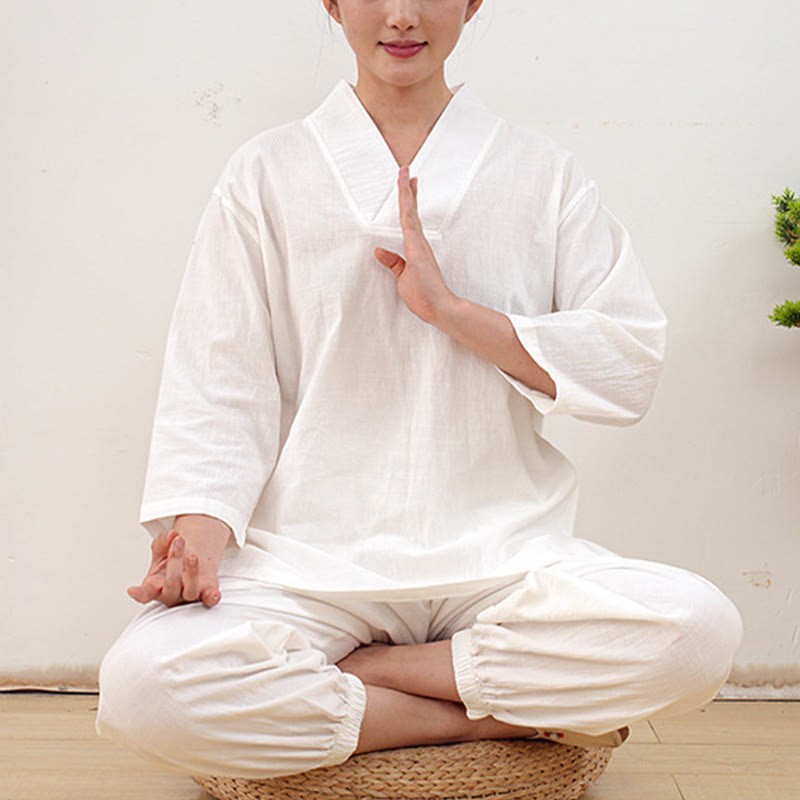 2Pcs V-Neck Three Quarter Sleeve Shirt Top Pants Meditation Zen Tai Chi Cotton Linen Clothing Women's Set