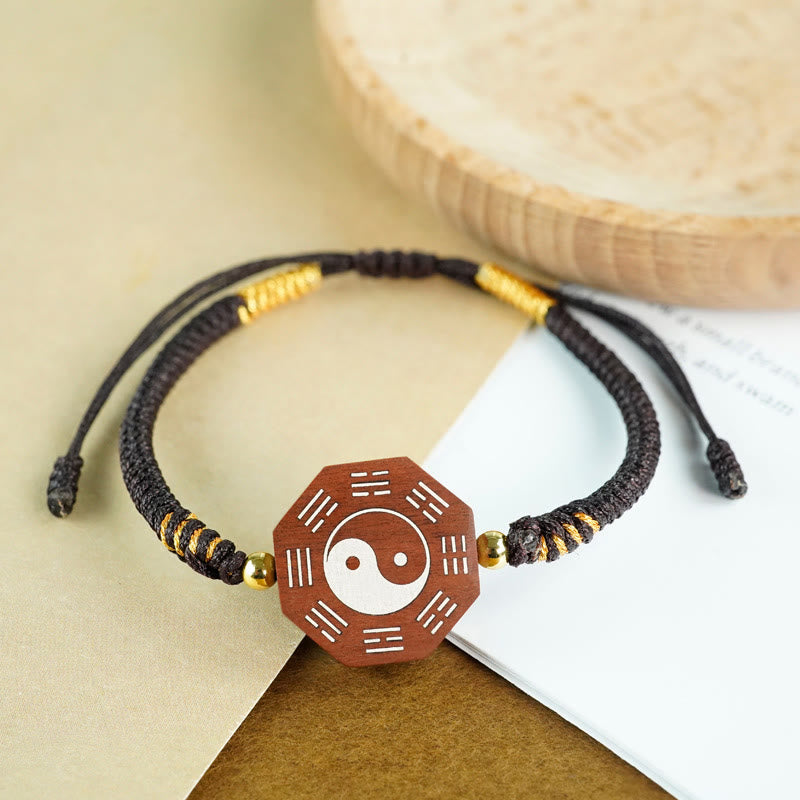 Small Leaf Red Sandalwood Jujube Wood Ebony Wood Silver Inlaid Yin Yang Bagua Big Dipper Protection Bracelet