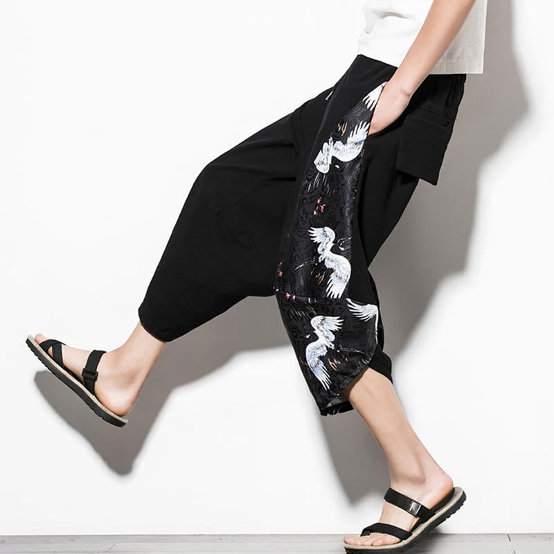 White Crane Print Cotton Men's Cropped Harem Pants With Pockets