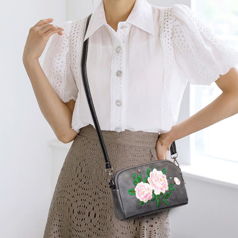 Peony Pomegranate Flowers Su Embroidery Journey Shopping Purse Shoulder Bag Crossbody Bag