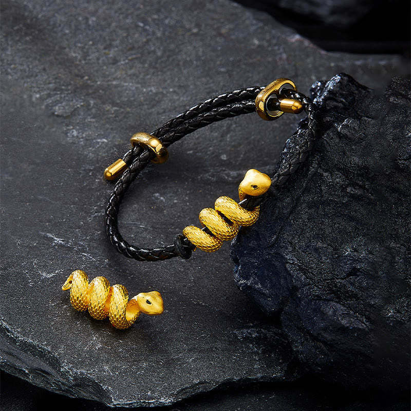 999 Gold Snake Double Buckle Leather Cord Black Rope Year Of The Snake Protection Bracelet