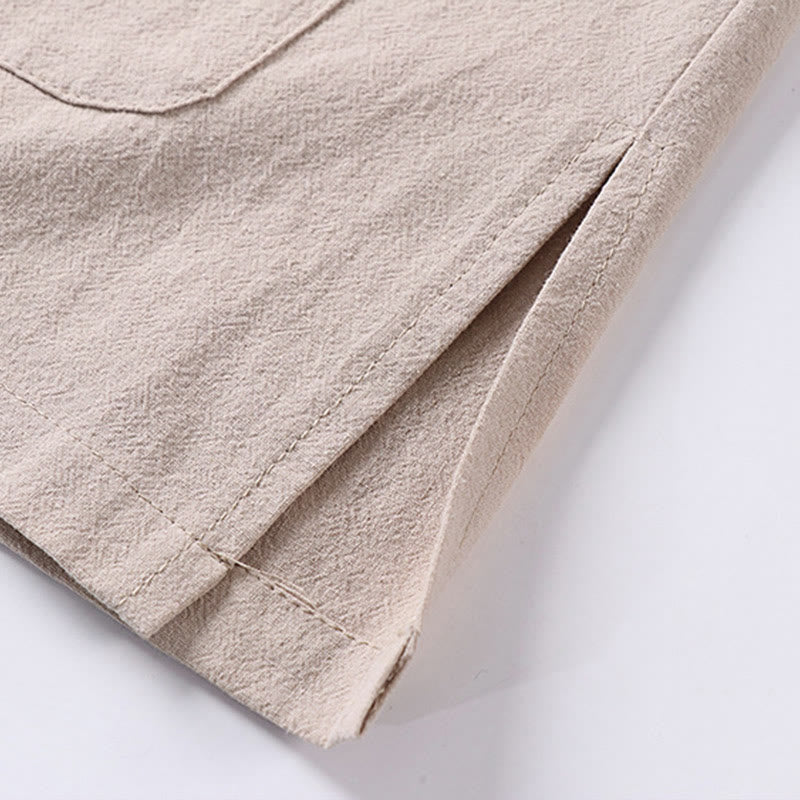 Casual Plain Color Three Quarter Sleeve Front Button Cotton Linen Men's Shirt With Pockets