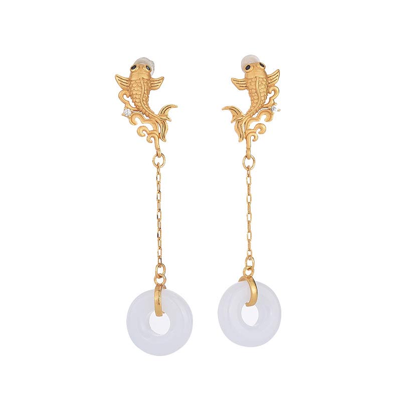 FengShui Koi White Jade Fortune Earrings