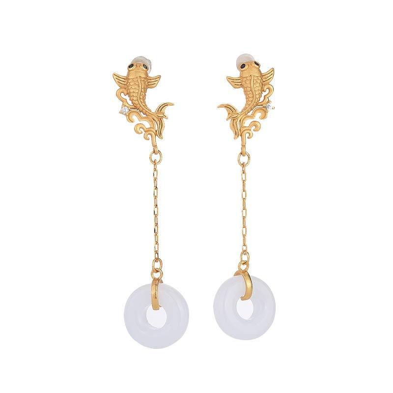 FengShui Koi White Jade Fortune Earrings