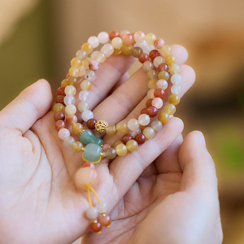 Natural Golden Silk Jade Pumpkin Charm Wealth Luck Triple Wrap Bracelet