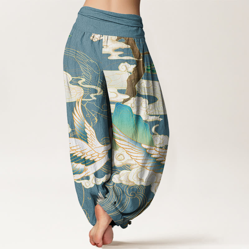 Flying Cranes Auspicious Clouds Tree?women's Elastic Waist Harem Pants