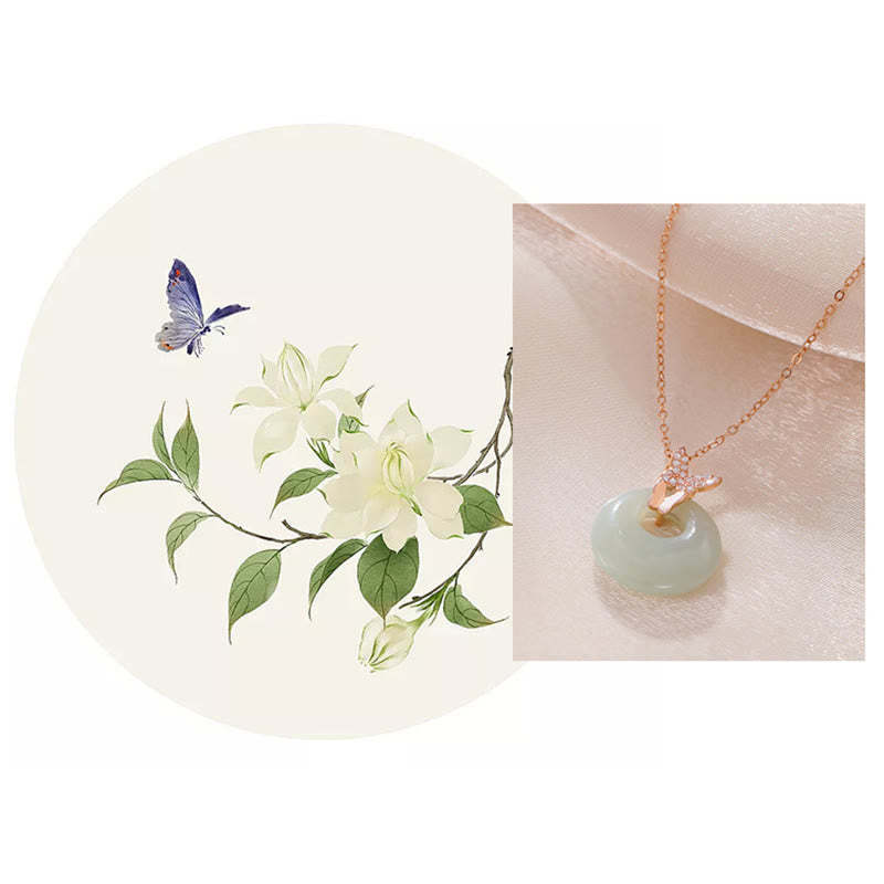 925 Sterling Silver Natural Hetian Jade Zircon Butterfly Luck Necklace Pendant