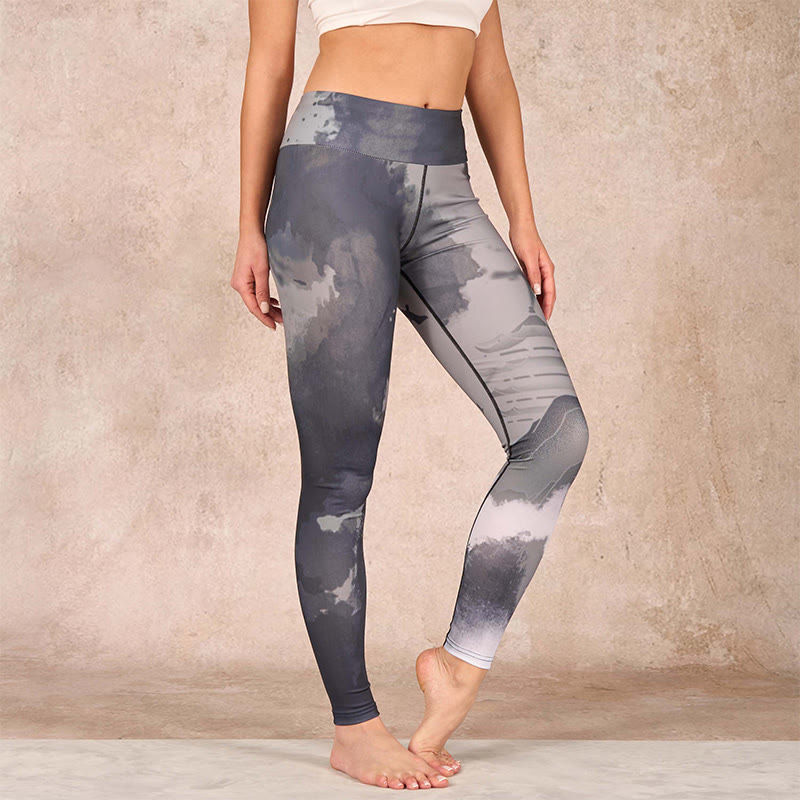 Ink Painting Mountain Pavilion Print Fitness Leggings Women's Yoga Pants