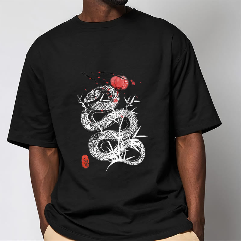 Lantern Bamboo Leaves Snake Design Cotton Tee T-shirt