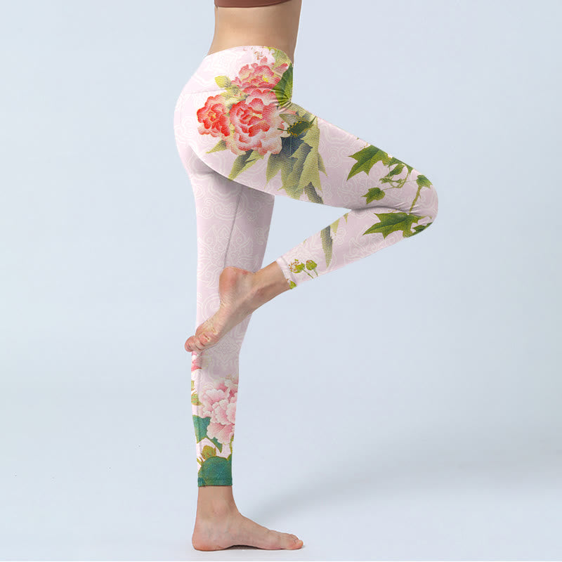 Hibiscus Flowers And Leaves Print Gym Leggings Women's Yoga Pants