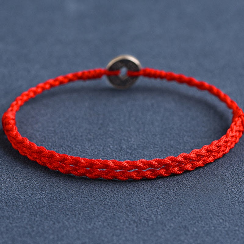 925 Sterling Silver Five Emperor Coins Red String Protection Luck Braided Bracelet Anklet