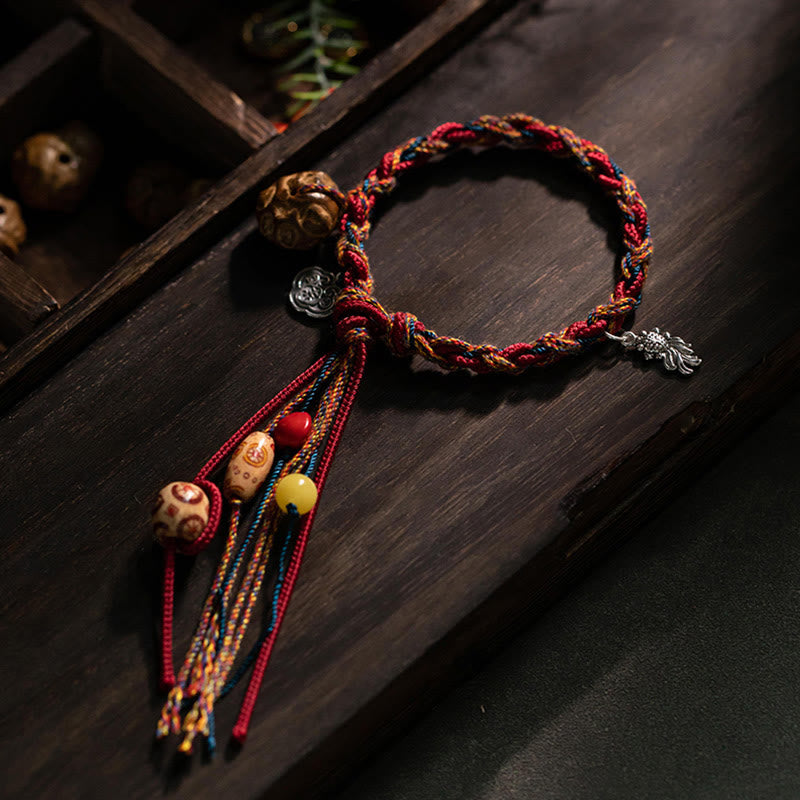 Tibetan Handmade Colorful Thread 925 Sterling Silver Koi Fish Protection Strength String Bracelet